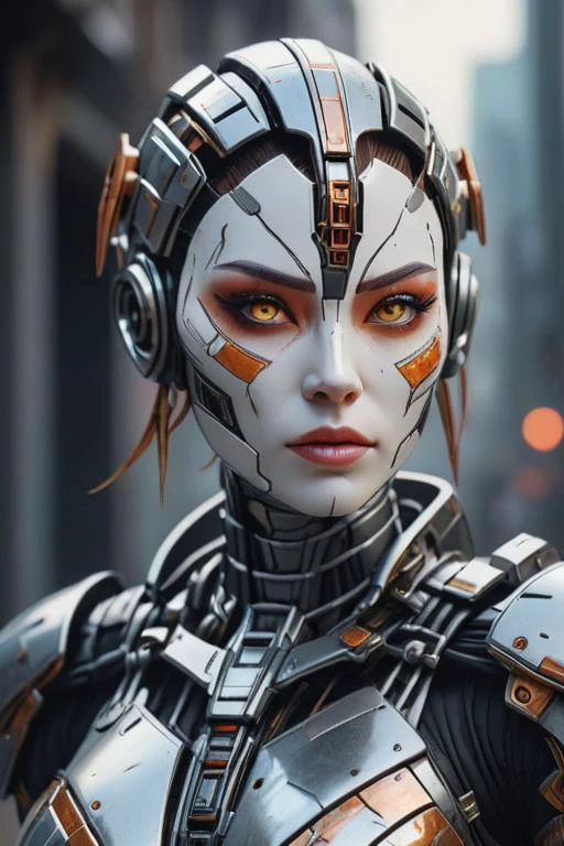 robot, medium shot photo of cyborg wearing scratched and tarnished futuristic armor in a destroyed futuristic city, android head, fantasy, sci-fi, beautiful feminine face, seductive, sexual, mist, vivid alluring eyes, best quality masterpiece, photorealistic, detailed, 8k, HDR, shallow depth of field, broad light, high contrast, backlighting, bloom, light sparkles, chromatic aberration, sharp focus, RAW color photo <lora:cyborg_style_xl:1.5>
