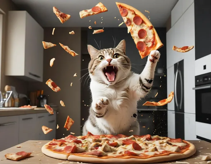 A cat making a mess out of the kitchen,pizza flying everywhere,<lora:shocked:1>,