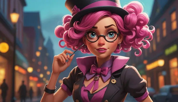 detailed Concept art, Flirty Maeve, =, Vivacious pose, monocle, Bokeh, Depressing, Barbiecore, a look of terror scared horrified