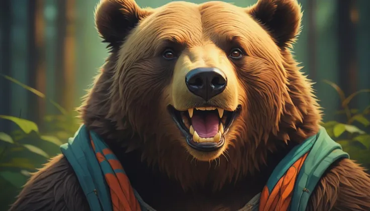 stylized by Loish, Portrait, fantasy, Smart Bear, HDR, extremely content happy smile