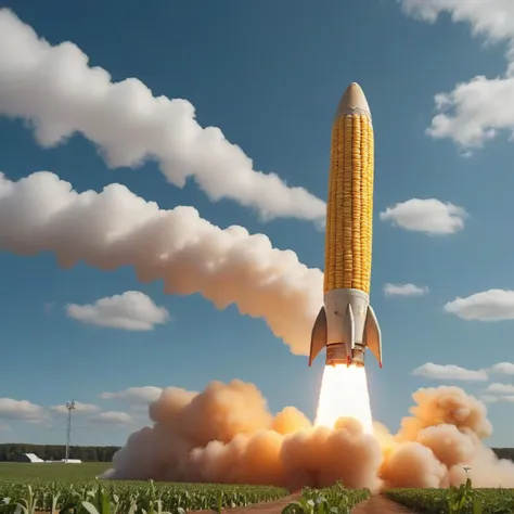 a giant rocket propelled corn cob taking off into space
