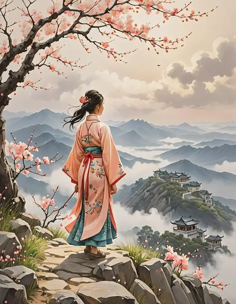 Positive prompt:
watercolor painting A breathtaking panoramic view of a misty, from below, ethereal Chinese landscape featuring peach blossoms falling gently to the ground, young 1girl in traditional oriental attire stands atop a hill, her figure slightly hazy and otherworldly as she gazes out upon the swirling vortexes of white and gray clouds that surround her, with a super wide-angle lens for maximum impact, official art, style of Hiroshi Yoshida, . vibrant, beautiful, painterly, detailed, textural, artistic