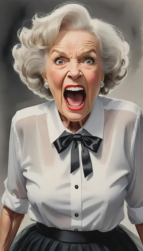 masterwork Water color painting, Absurd Betty White wearing A black tulle midi skirt with a white button-up shirt while Pouting, Making funny face, White hair, ultrafine detailed, pleasant, Art Deco, 800mm lens, Unsplash, Yelling upset angry