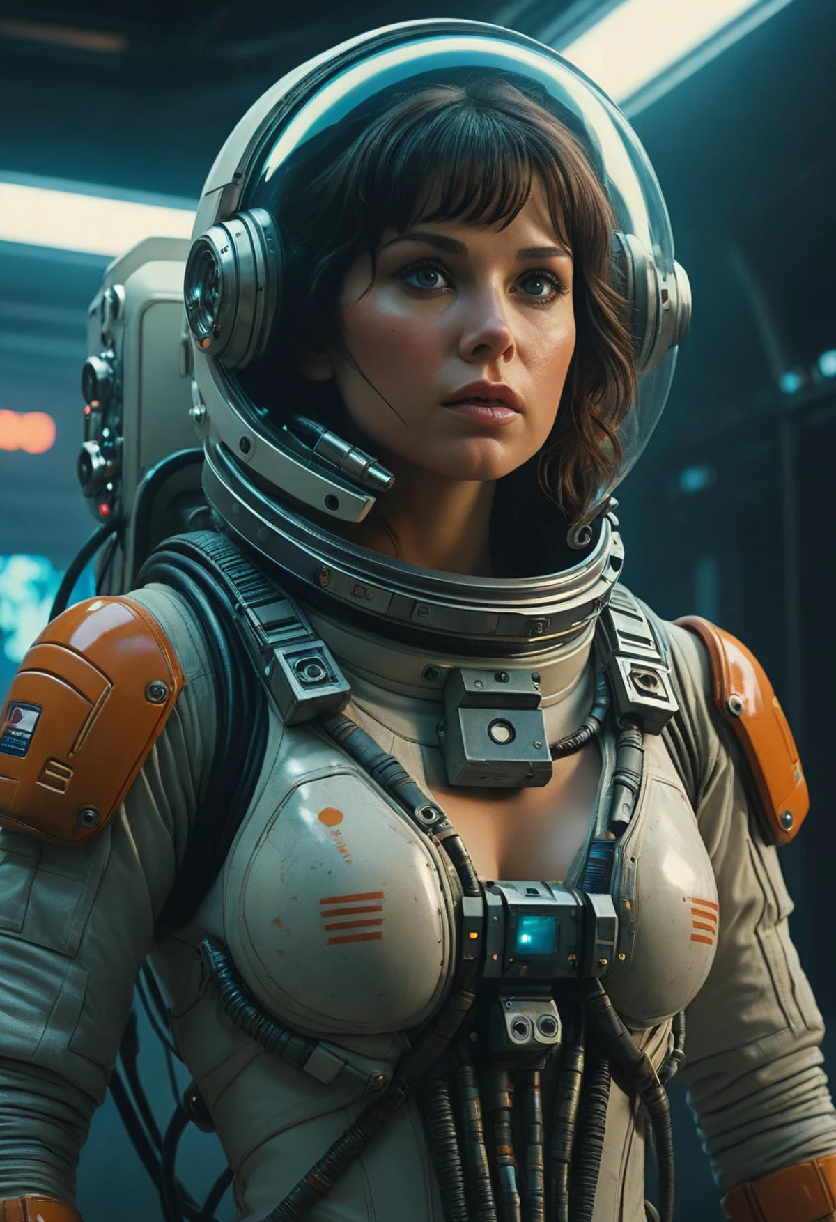 Female astronaut in the space, beautiful body and face, large boobs, half naked space suit, very breathtaking beautiful image, cinematic, 4k, epic Steven Spielberg movie still, sharp focus, emitting diodes, smoke, racks, system unit, motherboard, by pascal blanche, rutkowski, hyperrealism, painting, detailed character design, matte painting, 4k resolution, blade runner