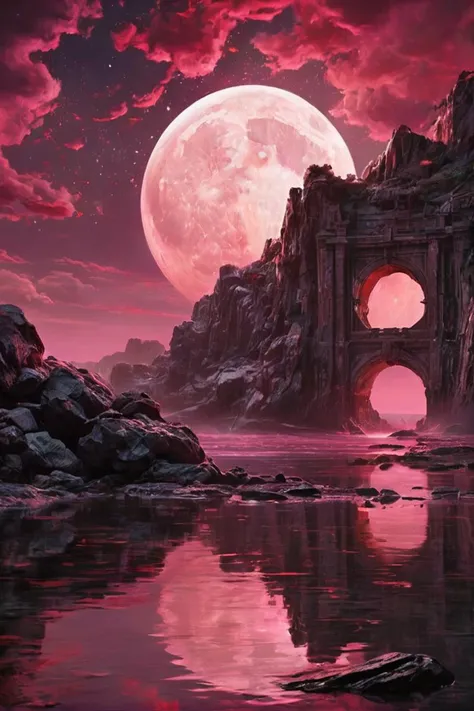 the moonlight illuminates a glowing tunnel over the water, in the style of light magenta and dark crimson, zbrush, lively seascapes, otherworldly illustrations, the stars art group (xing xing), expansive skies, naturalistic landscape backgrounds