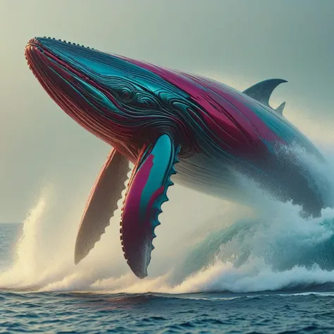 TransformersStyle Maroon, Aqua_blue, humpback whale breaching ocean surface with sheer force, spray around