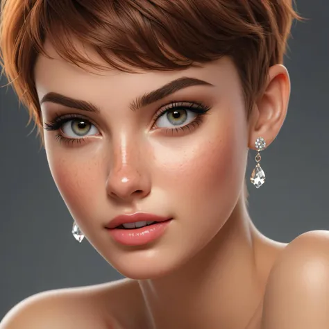 Hyperrealistic art stunning looking girl, makeup, crystal clear image, textured skin and lips, sexy flirty eyes, earrings, smirk, textured skin, few freckles, short pixie hair, mascara run down cheek, F/2.8 . Extremely high-resolution details, photographic, realism pushed to extreme, fine texture, incredibly lifelike