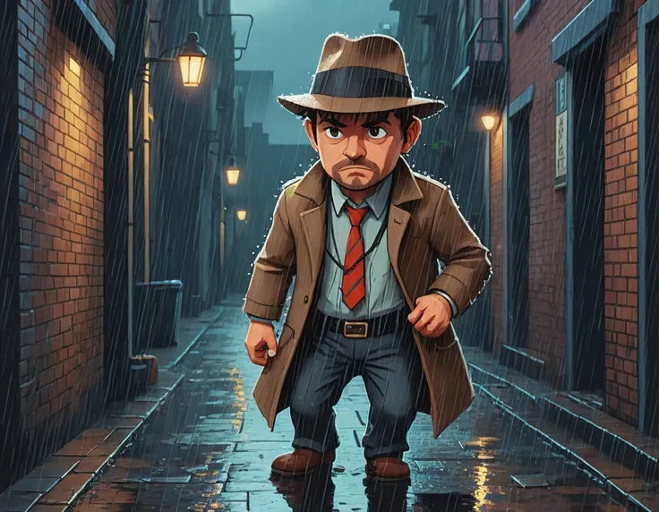 dutch angle shot, A detective in a fedora examining clues in a rain-soaked alley., (Pixel Art pixelated pixel pixel :1.3)