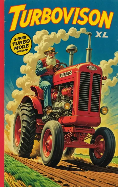 The Wizard's Vintage Comic Book Cover LoRA, Harrlogos XL LoRA – vintage comic book cover, fast (title says "TURBOVISION XL" text logo:1.4) in red, old tractor speeding down the race track, by r crumb and alan moore, detailed