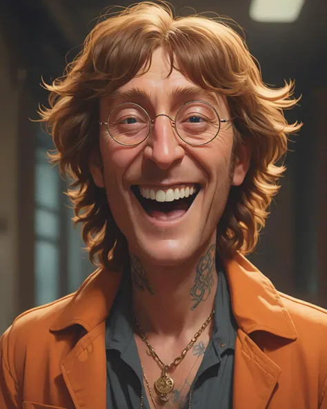 concept art, Portrait of a Metallic short Urban Baron (John Lennon:1.3) , chuckling, insane details, John Lennon is dressed in Dolman jacket, The Dolman jacket is tailored by Sally LaPointe and David Koma, his hair is Bedouin, [Glib|Injured] electric orange Tattoos, Bandanna, from inside of a Supernatural Port-au-Prince, UHD, Spring, HDR, Sketch, Wonder, Selective focus, award winning, wallpaper, art by james jean, wlop, ross tran, michael whelan, alena aenami and android jones