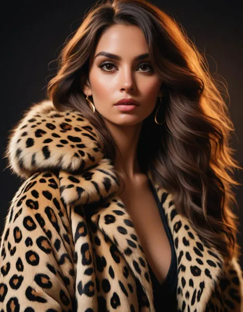 a character photo portrait of a Pathan woman with brunette hair Showcasing an oversized, faux fur coat with a bold animal print, layered over a body-hugging mini dress, unsplash, light and space, dramatic light on face, realistic face moody lighting, light falling on face