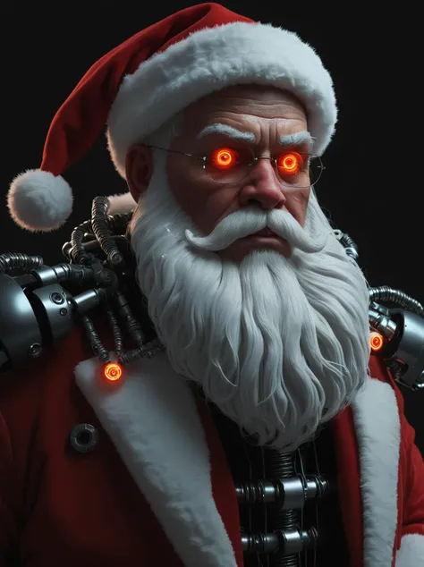 portrait shot, Santa Claus, glowing cyber-eyes, robot_joints, solo, realistic, black background, science_fiction, cyborg , <lora:Santa Claus:0.6>, <lora:AI_Overlord_Santas_-_The_Green_Team_LoRA:0.6>, <lora:Digital_Madness:0.6>