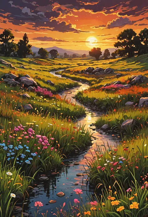 comic beutiful stream and flowers on grassland,sunset,very wide view,atmospheric,epic composition,
highly detailed landscape,landscape art,colorful and ominous effect,saturated pigments,hdr landscape,brush stroke,high contrast,dark,painterly,
<lora:xl_more_art-full_v1:1>,, (((masterpiece))),(((best quality))),((ultra-detailed)) . graphic illustration, comic art, graphic novel art, vibrant, highly detailed