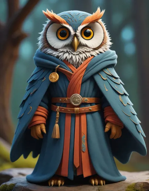 A character that looks like an owl wearing a wizard's robe. Made out of fuzzy fleece. Retrofuturism. Inspired by Mead Schaeffer's whimsical designs.