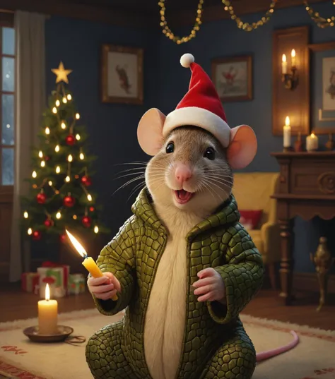 mouse in christmas hat is singing and holding a candle in a dimly lit warm cosy place at christmas eve, surrealism, oil painting, photorealistic, mouse in crocodile onesie by mab graves, singing, visible music notes all around,(masterpiece,best quality, ultra detailed, detailed face, 8k uhd, high quality:1.2), bold, very emotional, (full body shot:1.2), intricate christmas decorated living room in background, masterpiece, breathtaking, hq, 8k, 3d render, volumetric lighting, artstation (cfg: 1.85)