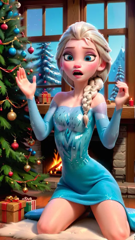 princess elsa,<lora:princess_xl_v2:0.8>,window,fireplace,christmas tree,(parted lips:0.7),blush,(pussy:1.1),(nsfw:1.1),nipples,nude,<lora:flat_chested_v3-000008:0.5>,flat chested,wet,detached sleeves,thighhighs,groin,from below,standing,looking at viewer,
