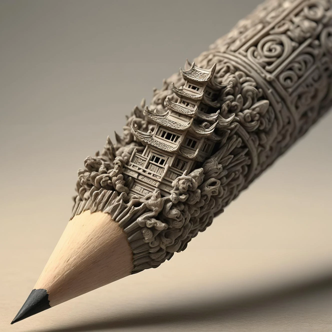a pencil with a carved ancient Chinese architecture design on it and a pencil tip sticking out of it's end, simple background, incredibly detailed, highly detailed, photography, professional, 4k, 8K,
