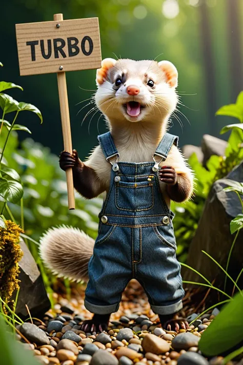 A charming photo of a small anthropomorphic ferret ,He is wearing Dungarees and has a very long torso, Full body shot 1.1, Standing on a leafy bank, Holding up a sign written((( With the word's Turbo
Rocks!!!:1.1))), masterpiece, ultra-quality, Hyperrealism, RAW photo, highly detailed, 4k, medium shot, cinematic photography, natural texture, action shot, XF IQ4, 150MP, 50mm, ISO 1000, 1/250s, natural light 8K PHOTO