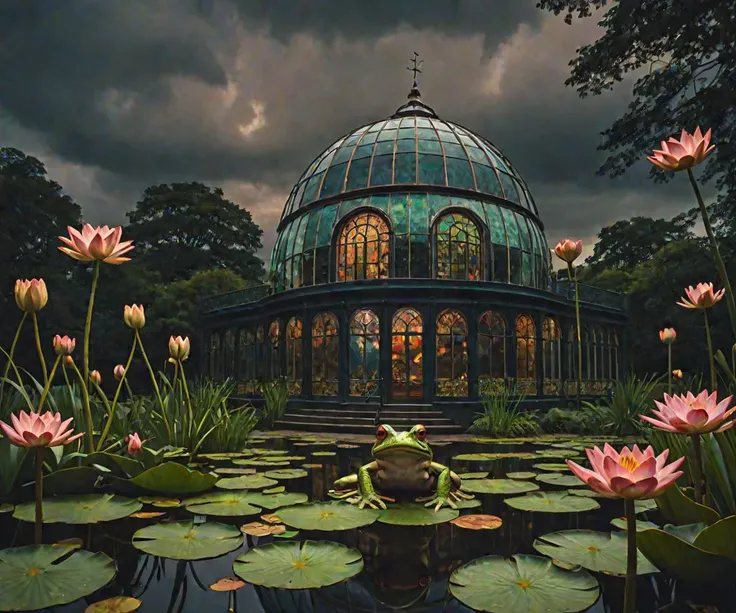 frog sitting in front of surrealistic photorealistic photoshop fever dream dark stormy night edwardian glass house, dome, glass copper, colored stained glass, tentacles visible in waterlily pond, hq, low angle, wide angle shot, 8k, uhd, hq, hdr, extremely detailed, #photography, lomo, sharp focus, dof, dark vignetting