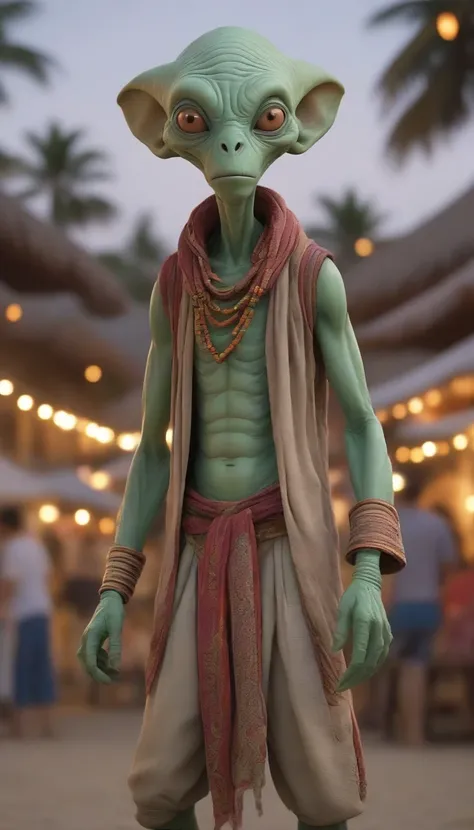 A lanky ((wrinkly:0.65) alien being wearing traditional clothing:1.3) on vacation enjoying the local party scene at evening in in a hell