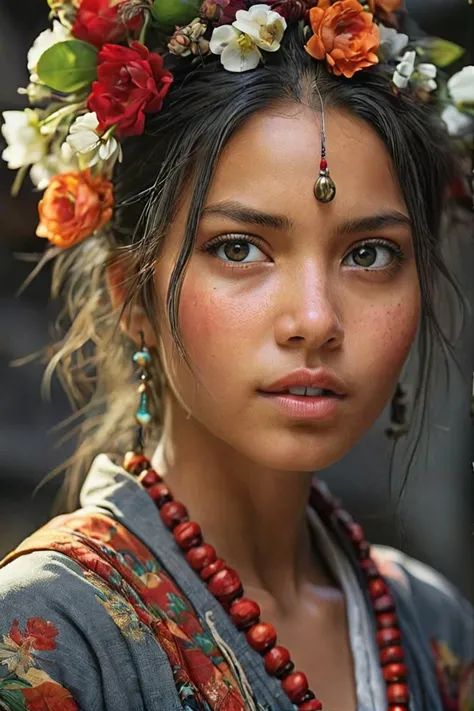 Exotic Girl in a Traditional Clothes, Flowers, Natural Light, Highest Detail, (Detailed Face Skin:1.6), (skin imperfections:1.4), Sharp Focus, Head Tilt, Looking at the Camera, cozy, slate gray atmosphere, extreme light source