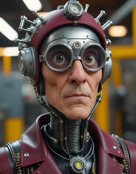 thin (a hyperrealism photo portrait of a surprised fantasy punk senior promptburglar in a robot factory, face symmetry, intricate accurate details, cinematic color grading, cinematic, artstation, 8K:1.3) , he is dressed in all, his all is Burgundy and Blush and is detailed with bits of Cluny Lace and Tweed, Bathed in shadows, shallow depth of field, still, Nikon d3300, macro lens, anaglyph filter