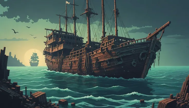 eye level shot, A shipwreck filled with ghostly sailors, reliving their final moments., (Pixel Art pixelated pixel pixel :1.3)