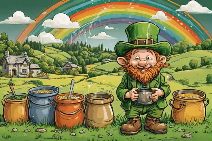 Leprachaun, cartoon character, scribble ink , irish country side background with pots of gold and rainbows, green palette, loose lines