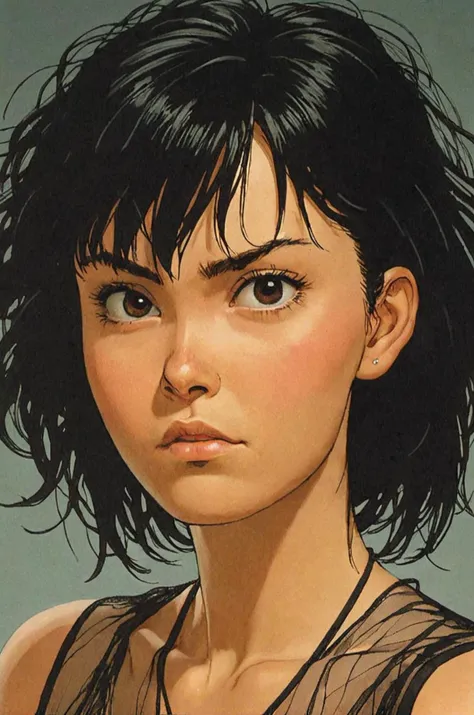 Comic panel illustration a woman, cut-in, :< expression, Black hair, long hair, mullet hair, wearing tulle akira style <lora:Akira_Style_XL>