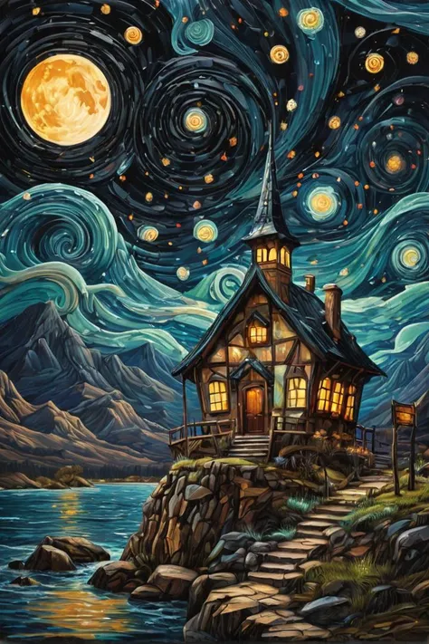 fine art, oil painting, best quality, dark tales, Cape Town in the  Van Gogh  style, starry sky, Dan Mumford, Andy Kehoe, 2d, flat, cute, adorable, vintage, art on a cracked paper, patchwork, stained glass,  fairytale, storybook detailed illustration, cinematic, ultra highly detailed, tiny details, beautiful details, mystical, luminism, vibrant colors, complex background