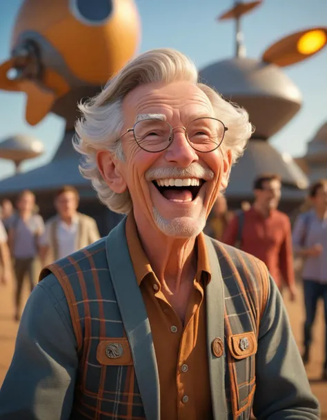 (a hyperrealism photo portrait of a tranquil starship senior prompthacker having fun and laughing with friends, face symmetry, intricate accurate details, cinematic color grading, cinematic, artstation, 8K:1.3) , floating, he is dressed in his all, his all is Middle Aged, It has Plaid designs on it, Jumping, Caramel hair styled as Lob, background, at Dawn, Sun Rays, Orton effect, Ilford HP5+ 400, Depth of field 100mm