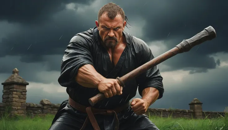 (designed by Franciszek Starowieyski:1.1) , Cinematic still, Oil painting, knee level shot of a Pictorial (Mace:1.3) , made from Satin, garden and dungeon, Stormy weather, Panorama, Cinestill, ultra high res, defiant, challenging stare, arms crossed