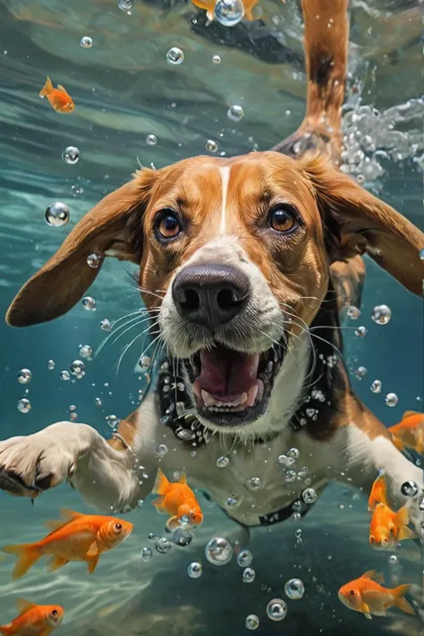 one long eared dog, beagle, making goofy faces under water, lie the wind is blowing in his open mouth bubbles wide. an annoyed goldfish swims by