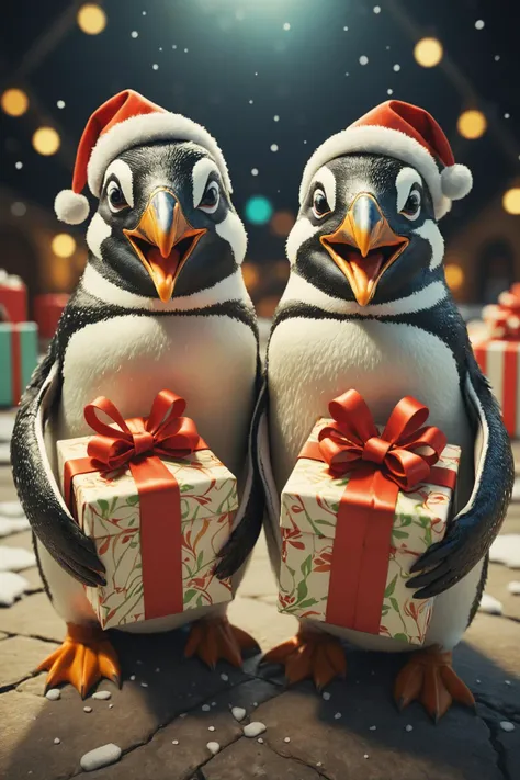 instagram selfie portrait of two penguins hold gifts wrapped to the camera, (fisheye lens:1.4), (masterpiece:1.2), (intricate details:1.2), cinematic lighting, realism, realistic, RAW photo, 4k, highres, extremely intricate, photorealistic, selective focus, best quality, photo, real, extremely detailed, amazing, fine detail, rich colors, hyperrealistic lifelike texture, dramatic lighting, unrealengine, trending on artstation, cinestill 800 tungsten, high quality, sharp focus,8k uhd, absurdres