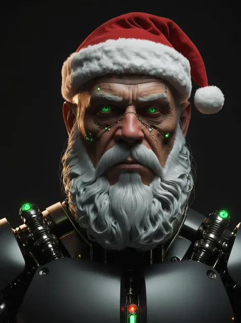 portrait shot, Santa Claus, green eyes, robot_joints, solo, realistic, black background, science_fiction, cyborg , <lora:Santa Claus:0.65>, <lora:AI_Overlord_Santas_-_The_Green_Team_LoRA:0.75>, <lora:Digital_Madness:0.75>