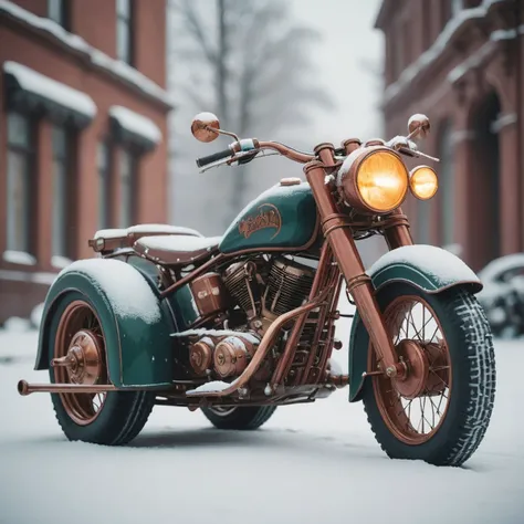 Dieselpunk Trike, ornate details, Winter, in focus, Saturated, most beautiful artwork in the world, adobe lightroom