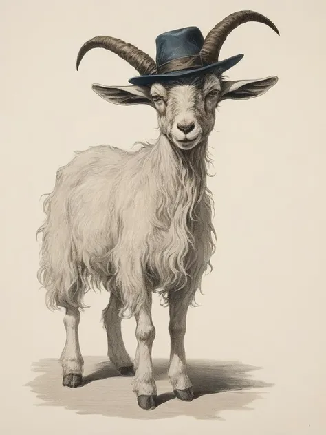 A goat with a hat, illustration in the style of alicea luella fidler and arthur reckham