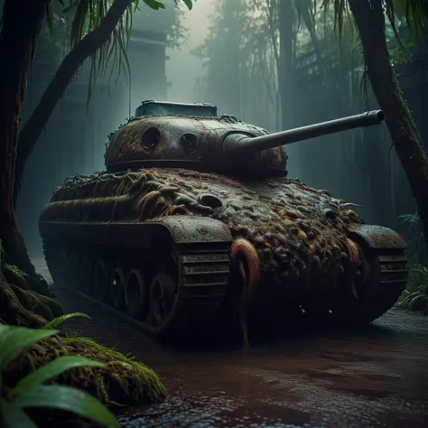 tank driving through the jungle covered in barnacles, tentacles, moist, dark, damp, (wet:1.3), dirty, filthy, untouched for centuries, worn