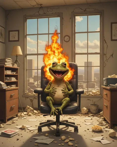 (masterpiece, best quality, funny, hilarious, comedy) , post apocalypse, office room full of fire with a happy cartoon with a Toad sitting on a chair with a bean curd, window with distant nuclear explosion