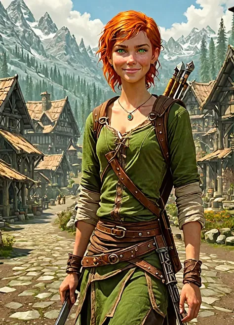 videogame screenshot, in a medieval settlement area, style skyrim mountain <lora:Skyrim_Style_XL> detailed, A wide shot image of A 1girl,gwen tennyson (/Ben10)/,(ultra HD quality details), bright orange hair, short hair, (green eyes)
 bare shoulders, midriff, long sleeves, bare shoulder, modest,
Low Angle View, smug smiling, darkness, blushed skin, galaxy vortex, translucent hair, smug Smile,
smug, grin, smirk, blush,, cleavage, rear view, towel, , solo,((( , belly, medium breast))),
(perfect body:1.25), Nord female Hobbit with a shaved head, Is overweight, husky, of short length. The beard does not cover the prominent dimples on his cheeks. , framed by long eyelashes. Adorned in mismatched garments and layers of worn-out clothing, A wandering merchant with a cart full of legendary yet subpar weapons (swords, axes and daggers) and other trash or garbage. Carries a weathered and torn satchel slung over shes shoulder, filled to the brim with curious trinkets and artifacts from his travels it is a open top. FastNegativeV2, Full body, Perfect Hands <lora:Gwen_Tennyson_-_Ben10_Pony_NSFW:1>