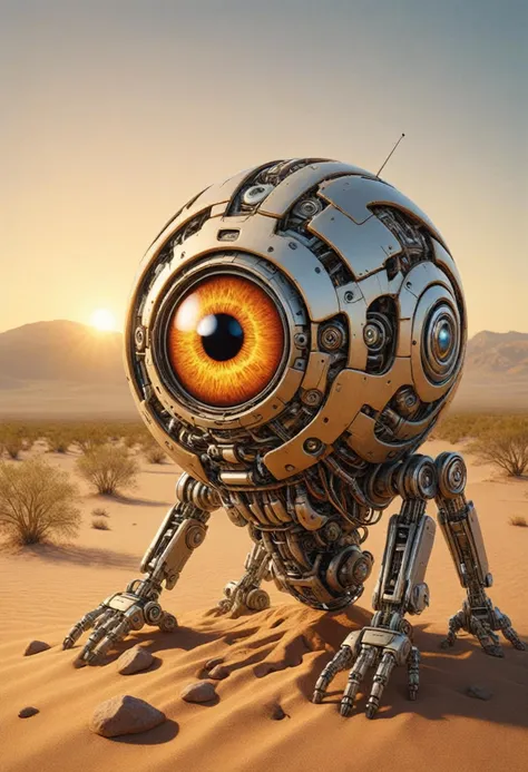 ais-rbts, a robotic eye reaches from off frame, a raised eye covering the sun setting over a desert littered with rusty robotic bodies,  <lora:RBTS_STYLE:0.75>