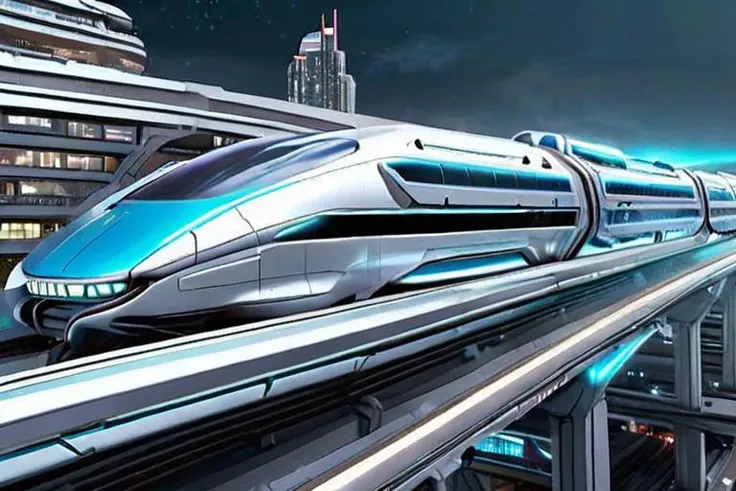 futuristic mega huge magnetic levitation monorail train. The train consists of 150 cars, each car has four floors and is 10 meters high. On the fourth floor of each car there is a glass upper deck overlooking the embankment, park, garden and pool. The length of each carriage is 120 meters. The train stands on the platform of a mega huge station. It has a sleek, futuristic speed design, emits neon blue light and moves past a bustling city at night. The description should be super detailed, realistic, with sharp focus and a high octane sci-fi style, ultra detailed, realistic, sharp focus, high octane, <lora:NeoFuturisticTechXL:0.8>, scifi