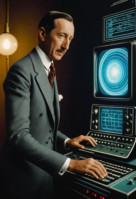 Guglielmo Marconi chases a colorful electromagnetic wave