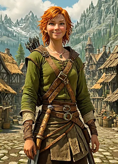 videogame screenshot, in a medieval settlement area, style skyrim mountain <lora:Skyrim_Style_XL> detailed, A wide shot image of A 1girl,gwen tennyson (/Ben10)/,(ultra HD quality details), bright orange hair, short hair, (green eyes)
 bare shoulders, midriff, long sleeves, bare shoulder, modest,
Low Angle View, smug smiling, darkness, blushed skin, galaxy vortex, translucent hair, smug Smile,
smug, grin, smirk, blush,, cleavage, rear view, towel, , solo,((( , belly, flat breast))),
(perfect body:1.25), Nord female Hobbit with a shaved head, Is overweight, husky, of short length. The beard does not cover the prominent dimples on his cheeks. , framed by long eyelashes. Adorned in mismatched garments and layers of worn-out clothing, A wandering merchant with a cart full of legendary yet subpar weapons (swords, axes and daggers) and other trash or garbage. Carries a weathered and torn satchel slung over hes shoulder, filled to the brim with curious trinkets and artifacts from his travels it is a open top. FastNegativeV2, Full body, Perfect Hands