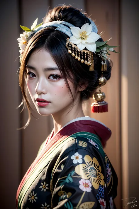 (realistic:1.3), finely detailed, quality, rembrandt lighting, (masterpiece:1.2), (photorealistic:1.2), (best quality), (detailed skin:1.3), (intricate details), dramatic, ray tracing, 1girl, japanese girl, oiran, flowers, japanese clothes, close up portrait, vibrant colors, decorative background, <lora:Oiran:0.5>