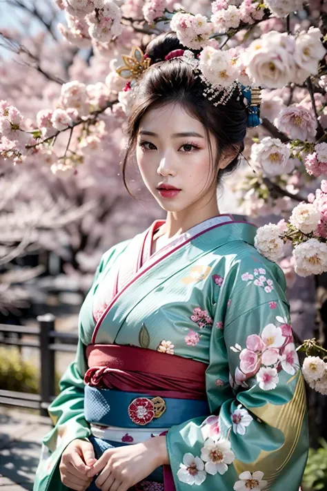 (realistic:1.3), finely detailed, quality, rembrandt lighting, (masterpiece:1.2), (photorealistic:1.2), (best quality), (detailed skin:1.3), (intricate details), dramatic, ray tracing, 1girl, japanese girl, oiran, flowers, japanese clothes, flower print, vibrant colors, vivid colors, outdoors, (strolling), background filled with cherry blossoms, trees, nature, bright natural lighting, <lora:Oiran:0.6>