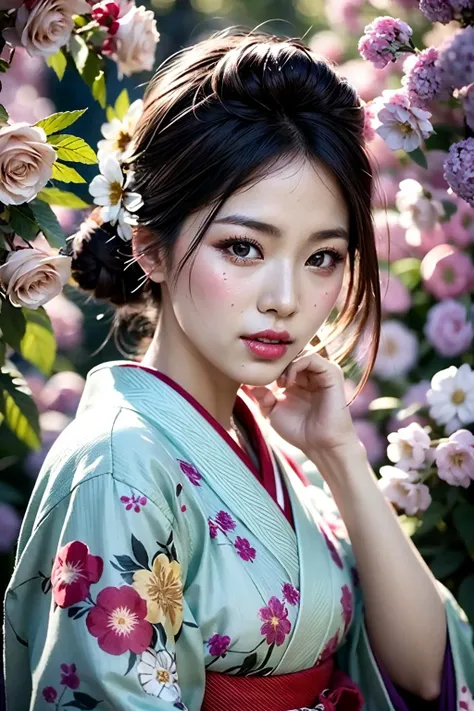 (realistic:1.3), finely detailed, quality, rembrandt lighting, (masterpiece:1.2), (photorealistic:1.2), (best quality), (detailed skin:1.3), (intricate details), dramatic, ray tracing, 1girl, japanese girl, oiran, flowers, japanese clothes, flower print, cowboy shot, vibrant colors, background filled with flowers, warm natural lighting, <lora:Oiran:0.5>