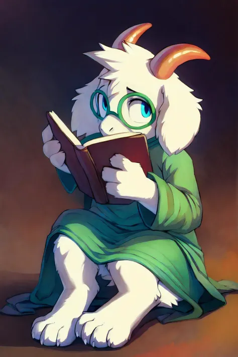 <lora:Ga ralsei(white fur):0.8> Ralsei , 1boy, furry, white fur, goat horns, solo, animal ears, goat ears , glasses , looking back , anthro , barefoot , white fur , shy , honest , male, feet , paws , scut tail , green robe , blue eyes
sitting down , reading a book , cute , by hioshiru , at a library, (best quality, masterpiece:1.2)