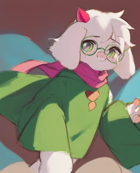 scan, (highres:1.2), (ultra-detailed:1.2), (oil painting:0.6), (sketch:1.2), 8k, 1boy, solo, furry, white fur, goat horns, pink horns, ralsei, mage, snout, round eyewear, glasses, goat ears, fluffy, anthro, horns, upper body, looking at viewer, green eyes, pink scarf, green dress, long sleeves, <lora:ralseiWhiteFur_v10:1>