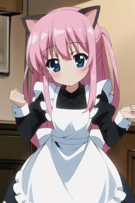 (1girl), solo, masterpiece, best quality, absurdres, cute, extremely detailed face, perfect lighting, , blue eyes, animal ears, pink hair, heart, cat ears, apron, maid, long hair, <lora:sherlock_shellingford:0.8>,